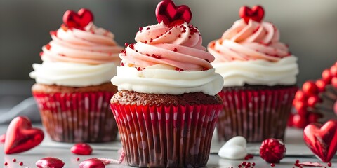 Valentine's Day Cupcakes with Cream Cheese Frosting and Festive Decorations. Concept Valentine's Day, Cupcakes, Cream Cheese Frosting, Festive Decorations, Baking