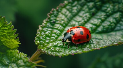 Obraz premium Cute ladybug on juicy green leaf . biodiversity