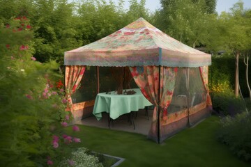 Bright Summer garden tent. White and large campground woods bright blue sky. Generate AI
