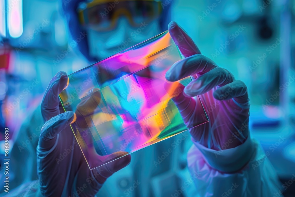 Poster a person in a lab coat holding a cell phone. suitable for scientific and technology concepts