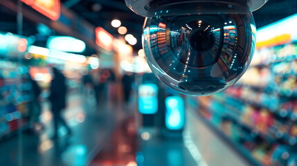 Closeup of a surveillance camera inside a grocery store