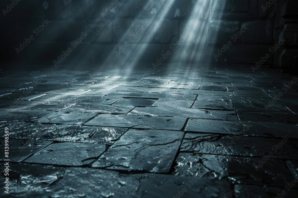 Poster A stone-floored room with a single beam of light shining from the ceiling. Suitable for various design projects