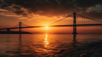 Obraz premium Golden Gate Bridge at Sunset, Iconic Silhouette Against Fiery Sky