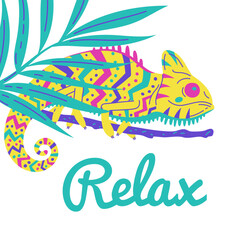 Vector multicolored chameleon in a flat style, happily perched on a branch with fern leaves