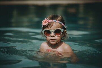 Naklejka premium Sunny Summer girl swim. Water vacation. Generate Ai