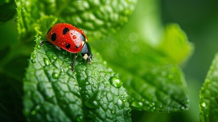 Cute ladybug on juicy green leaf . biodiversity