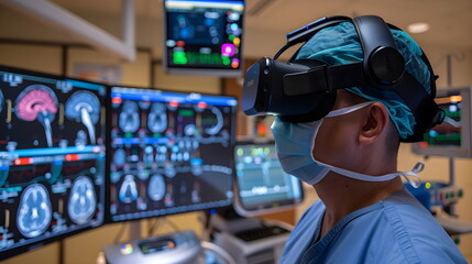 A male doctor analysing brain scan on display with a headset on