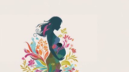Schwanger Frau mit fliegenden Haaren als Zeichnung in bunten Farbenmit Platzhalter als Cartoons