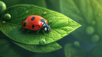 Fototapeta premium Cute ladybug on juicy green leaf . biodiversity