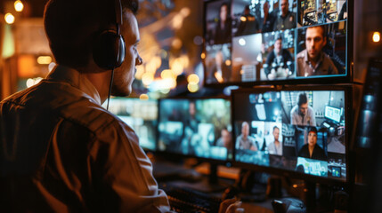 A technician with headphones attentively operates and monitors various broadcast screens in a dimly lit control room.