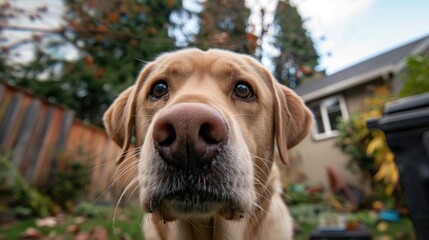 A male yellow Labrador retriever was searching for a camera in the backyard