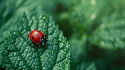 Fototapeta premium Cute ladybug on juicy green leaf . biodiversity