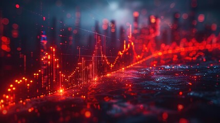 Obraz premium A glowing red city. The city is made of tall buildings and skyscrapers. The buildings are lit up with red lights.