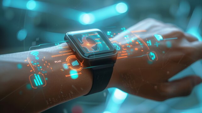 A person is shown wearing a smart watch with advanced futuristic technology, showcasing the latest in wearable devices.