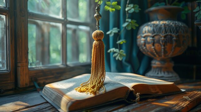 Golden summa cum laude tassel dangling casually from an open book, excellence, natural window light