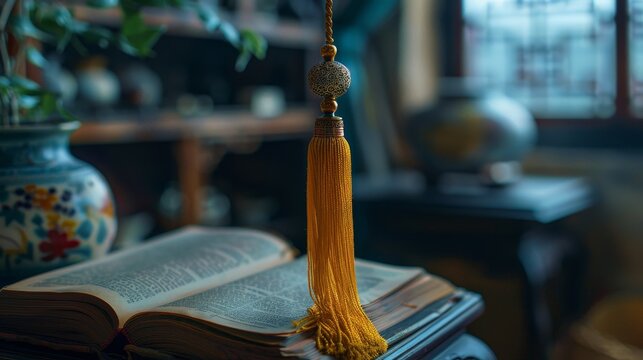 Golden summa cum laude tassel dangling casually from an open book, excellence, natural window light, 