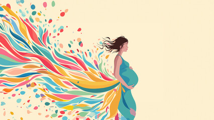 Schwanger Frau mit fliegenden Haaren als Zeichnung in bunten Farben und gelben Hintergrund mit Platzhalter als Cartoons