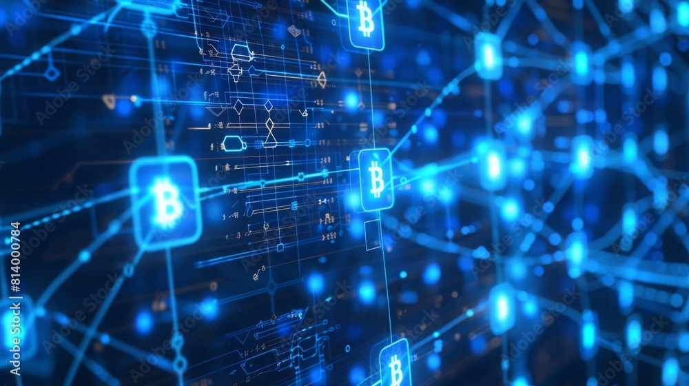 Poster a graphical illustration of a blockchain network featuring nodes with bitcoin icons interconnected b
