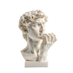 A statue of a man with his hand to his face, isolated on white background