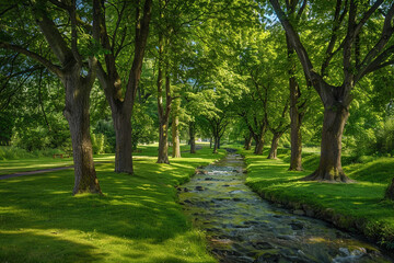lush tree-lined park next to a flowing creek