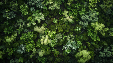 Naklejka premium A breathtaking aerial perspective of a dense forest canopy, where vibrant patches of moss create a tapestry of green against the earthy brown of the forest floor.