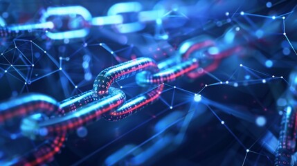 Abstract representation of blockchain technology with interconnected blocks and data strings against a blue backdrop.