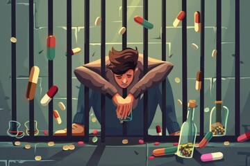 A man sitting in a jail cell surrounded by pills. Suitable for illustrating drug addiction or incarceration themes