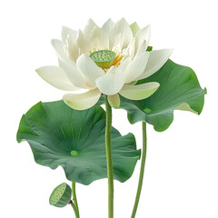 White lotus flower with green leaves isolated on transparent background.
