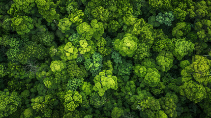 A breathtaking aerial perspective of a dense forest canopy, where vibrant patches of moss create a tapestry of green against the earthy brown of the forest floor.