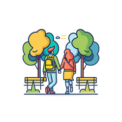 A Couple Takes A Leisurely Walk, Cartoon Illustration