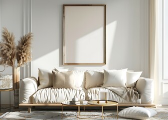 3D rendering of an empty frame on the wall in a modern living room interior with a sofa and coffee table