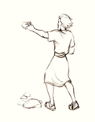 Pencil drawing. Man throw a big stone