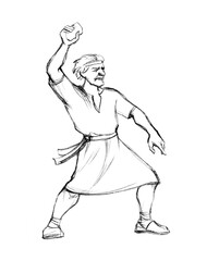 Pencil drawing. Man throw a big stone