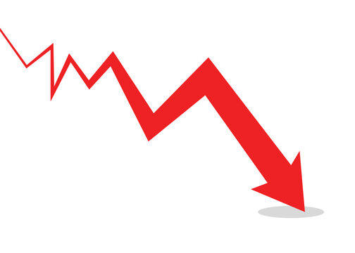 big red business arrow graph going down start from thin line become bold arrow line