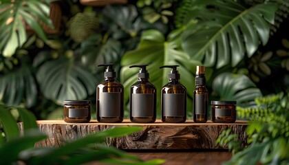 Set of organic beauty product bottles set against a natural background, ideal for ecofriendly product mockups