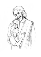 Pencil drawing. Jesus hugging a child