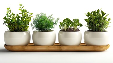 Four ceramic pots with green plants on a wooden tray