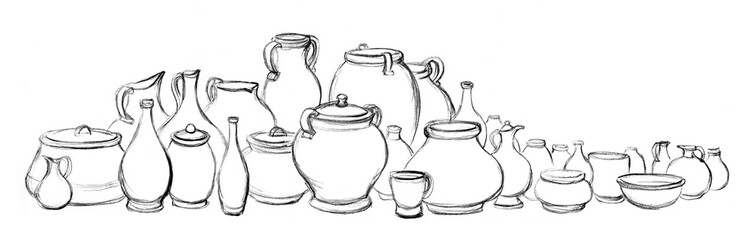 Pencil drawing. Many different vessels