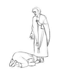 Pencil drawing. A woman begs the prophet Elisha for help