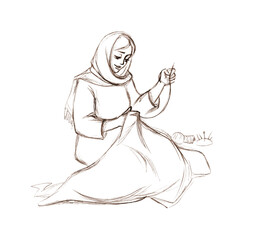 Pencil drawing. Woman sewing with a needle