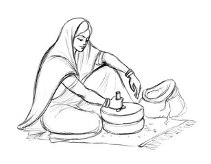 Pencil drawing. Woman working with a millstone