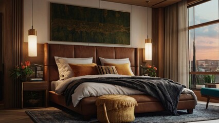 Obraz premium hotel lobby that seamlessly integrates technology with minimalist aesthetics, featuring interactive displays, smart lighting systems, and sleek charging stations for a modern and functional space.