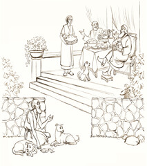 Pencil drawing. The rich man is feasting and the beggar asks for food