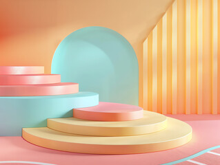 Showcase product podium with track and field elements side view representing athletic prowess Technology tone, Colored pastel.