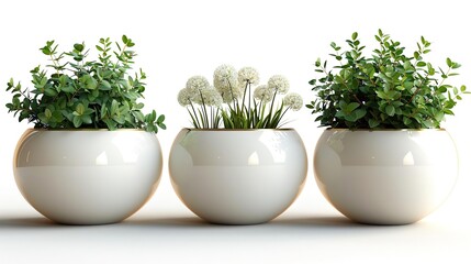 Three elegant ceramic pots with lush greenery and delicate white flowers. The perfect addition to any home or office.