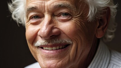 The gray-haired elderly man smiles happily