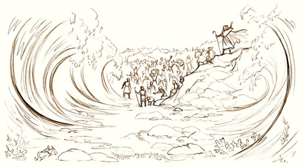 Pencil drawing. Moses leads the people across the sea