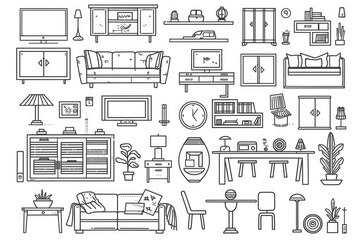 A collection of furniture and home items in a simple line art style. Suitable for interior design concepts