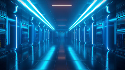 Fototapeta premium The image is a long, futuristic corridor with blue and pink neon lights. The floor is made of metal and the walls are made of glass.