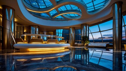 hotel lobby with a futuristic vibe, featuring sleek, futuristic furniture designs, high-tech lighting installations, and reflective surfaces for a space-age ambiance.